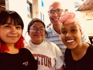 Professor James Vela-McConnell mentoring Estrella Chavez Ayala, Saira Cervantes Montes, and Nasro Omar. Estrella and Saira were funded through URGO and Nasro was funded through McNair.